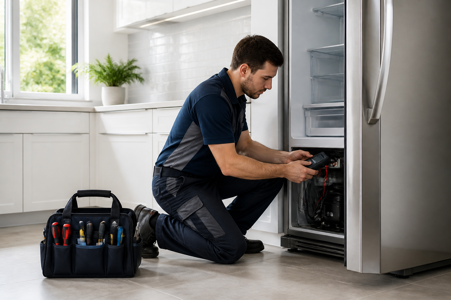 Técnico revisando un refrigerador
