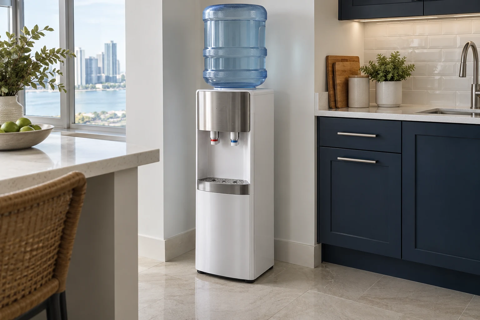Dispensador de agua con botella en una cocina